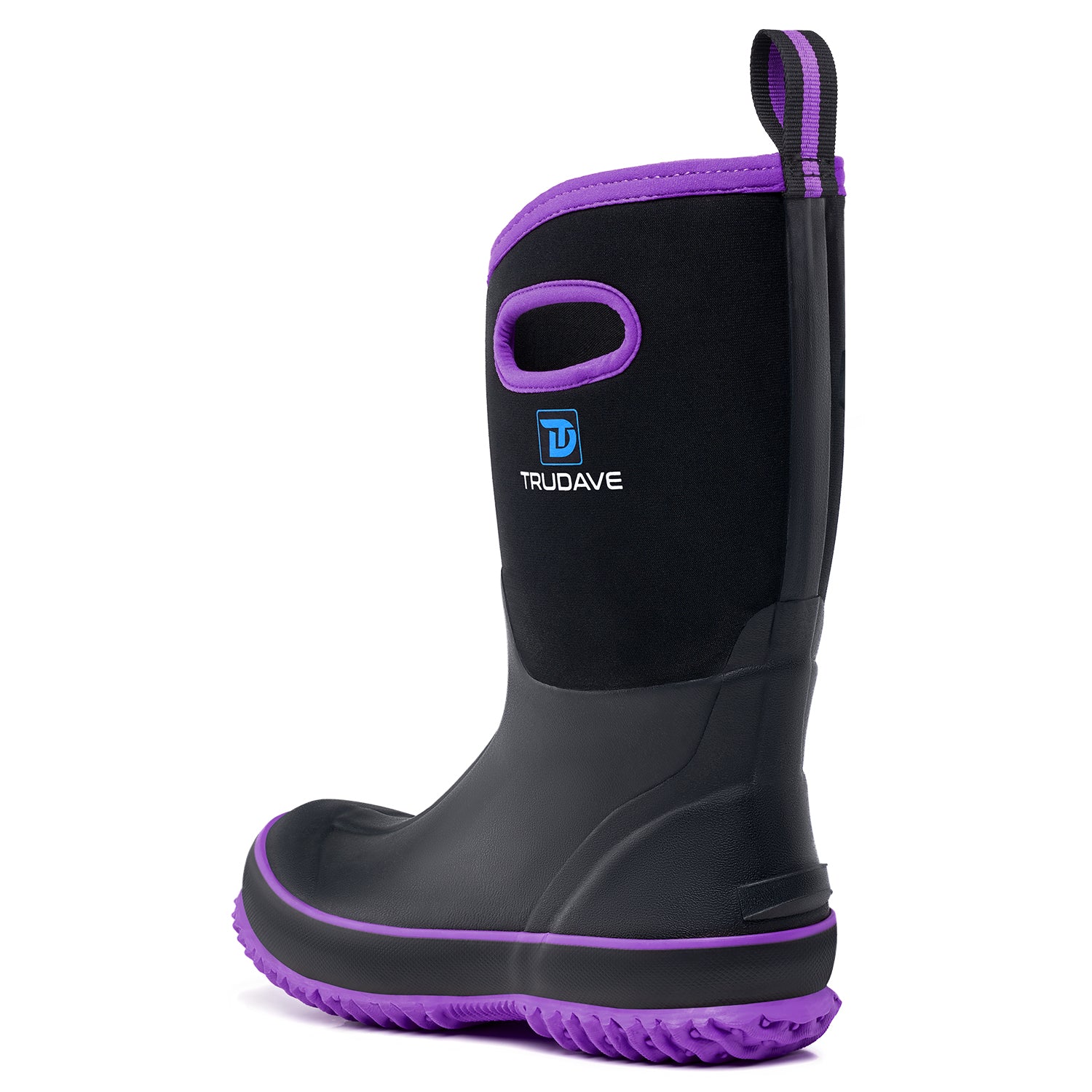 Side view of Trudave BloomBoot Series women’s mid-calf waterproof neoprene garden rain boots in black with purple trim showing durable rubber design and stylish waterproof construction